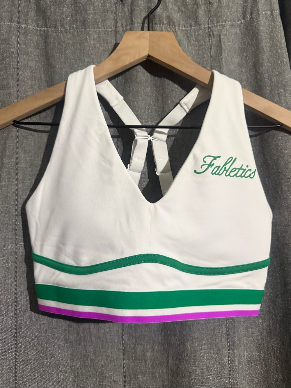 Fabletics White Sports Bra Crop Top with Green and Purple Stripes